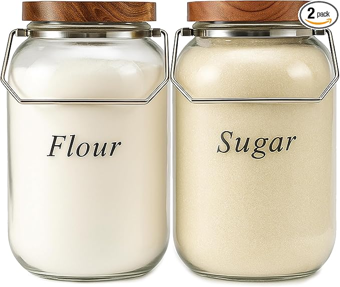 2 Pack Glass Flour Sugar Storage Containers with Handle, 1 Gallon Glass Jars with Airtight Lid, Wide Mouth Large Mason Jars 128oz for Rice, Pasta, Oats, Coffee Storage