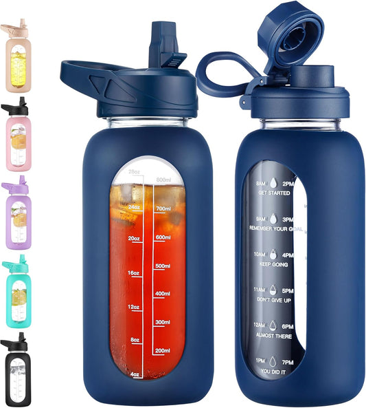 CIVAGO 32 oz Glass Water Bottle with Straw and Handle, Large Sports Motivational Water Bottle Flask with Time Marker and 2 Lids, Leakproof Water Jug Canteen with Silicone Sleeve for Gym,Navy