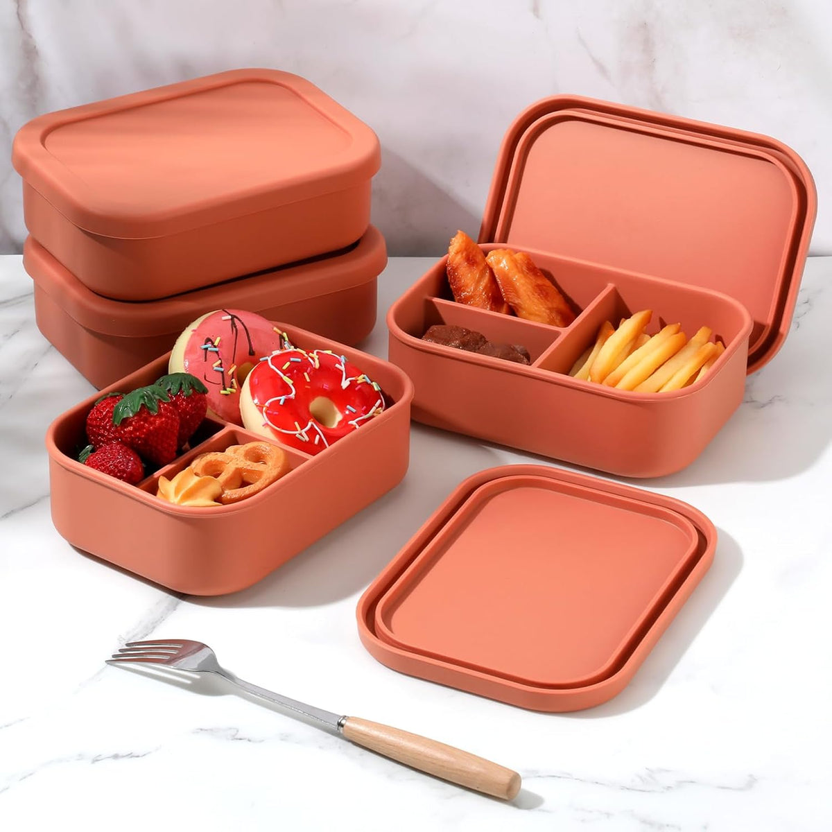 Honeydak 4 Pcs Silicone Bento Lunch Box 3 Compartment Reusable Leakproof Silicone Bento Lunch Container for Adults Microwave Dishwasher Freezer Safe(Orange)