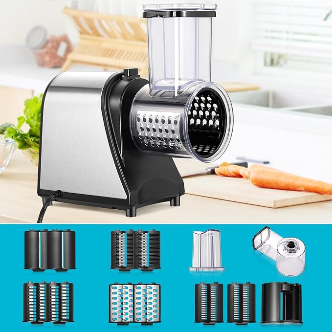 5-in-1 Electric Cheese Grater & Vegetable Slicer – 250W One-Touch Shredder with Stainless Steel Blades for Block Cheese, Vegetables, Fruits & Nuts