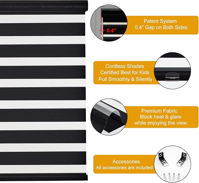 Persilux Cordless Zebra Shades (47" W X 72" H, Black) Free-Stop Window Shades Dual Layer Light Control for Day and Night, Light Filtering Sheer Blinds for Windows, Easy to Install