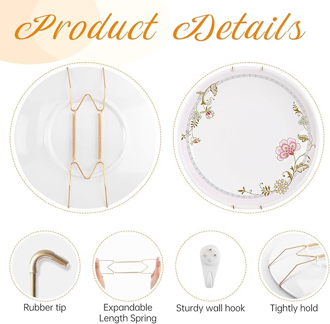 3 Pack Plate Hangers for The Wall, Suitable for 10-14 inch Art Plate, Stainless Steel Invisible Heavy Duty Wire Plate Holder with Wall Hooks, Plate Hangers for Displaying Plates, Platter, Dish, Gold