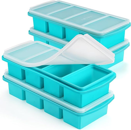 Silicone Freezer Tray with Lid - 1 Cup Silicone Food Freezers Tray - Large Ice Cube Freezer Molds - Soup, Sauce, leftovers, Homemade Meal Prep Freezing Kitchen Storage Containers - Aqua - 4-Pack
