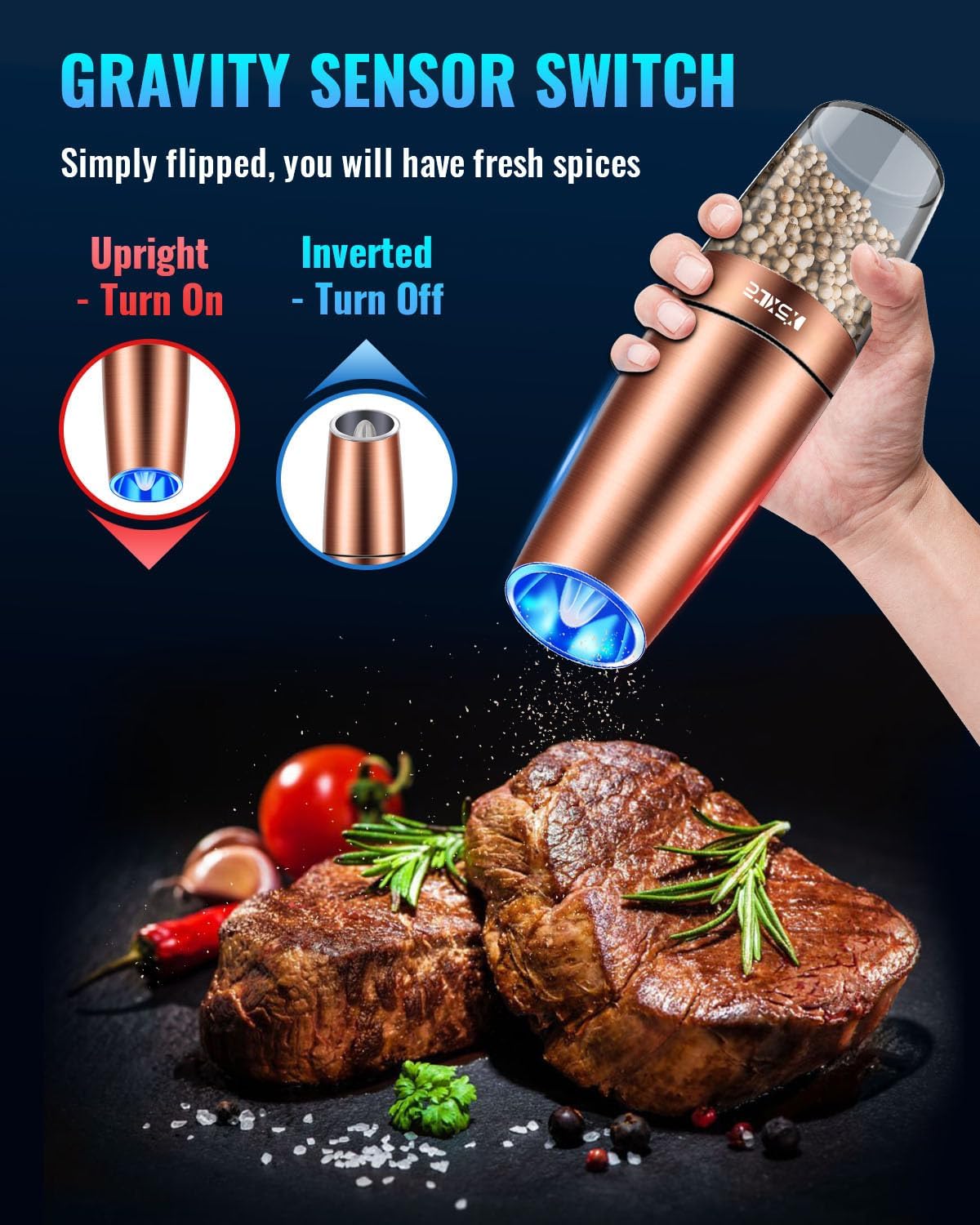 XinXu Gravity Electric Pepper and Salt Grinder Set, Adjustable Coarseness, Battery Powered with LED Light, One Hand Automatic Operation, Stainless Steel -Copper, 2 Pack