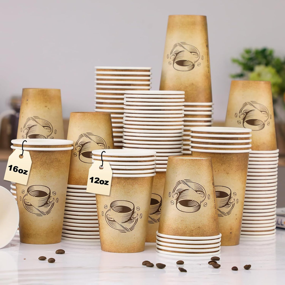 300 Pack 12oz Paper Coffee Cups, Hot/Cold Beverage 12oz Disposable Coffee Cups, Retro Design, Leak-Proof, Hot or Cold Drink, Cocoa, Chocolate, Coffee Bar Supplies