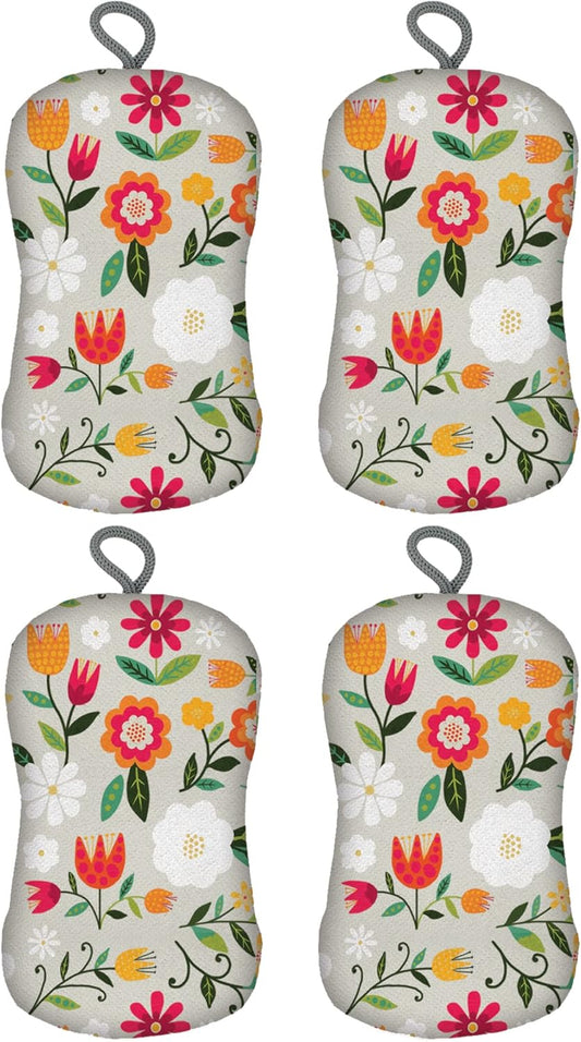 MÜkitchen Premuim Sponge for Dishes and Household Cleaning | Microfiber Print and Non-Scratch Scrub Pad | Set of 4 | (Retro Floral)