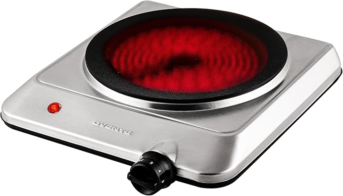 OVENTE Countertop Infrared Single Burner, 1000W Electric Hot Plate w/ 7.5” Ceramic Glass Cooktop, 6 Level Temperature Setting & Easy to Clean Base, Compact Stove for Home Dorm Office, Silver BGI201S