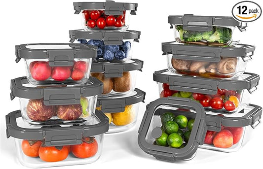 12-Pack Glass Containers with Tempered Lids – Borosilicate, Oven-Safe(-4°F~950°F), Airtight, BPA-Free, Multi-Size for Meal Prep, Dishwasher Safe (Gray)