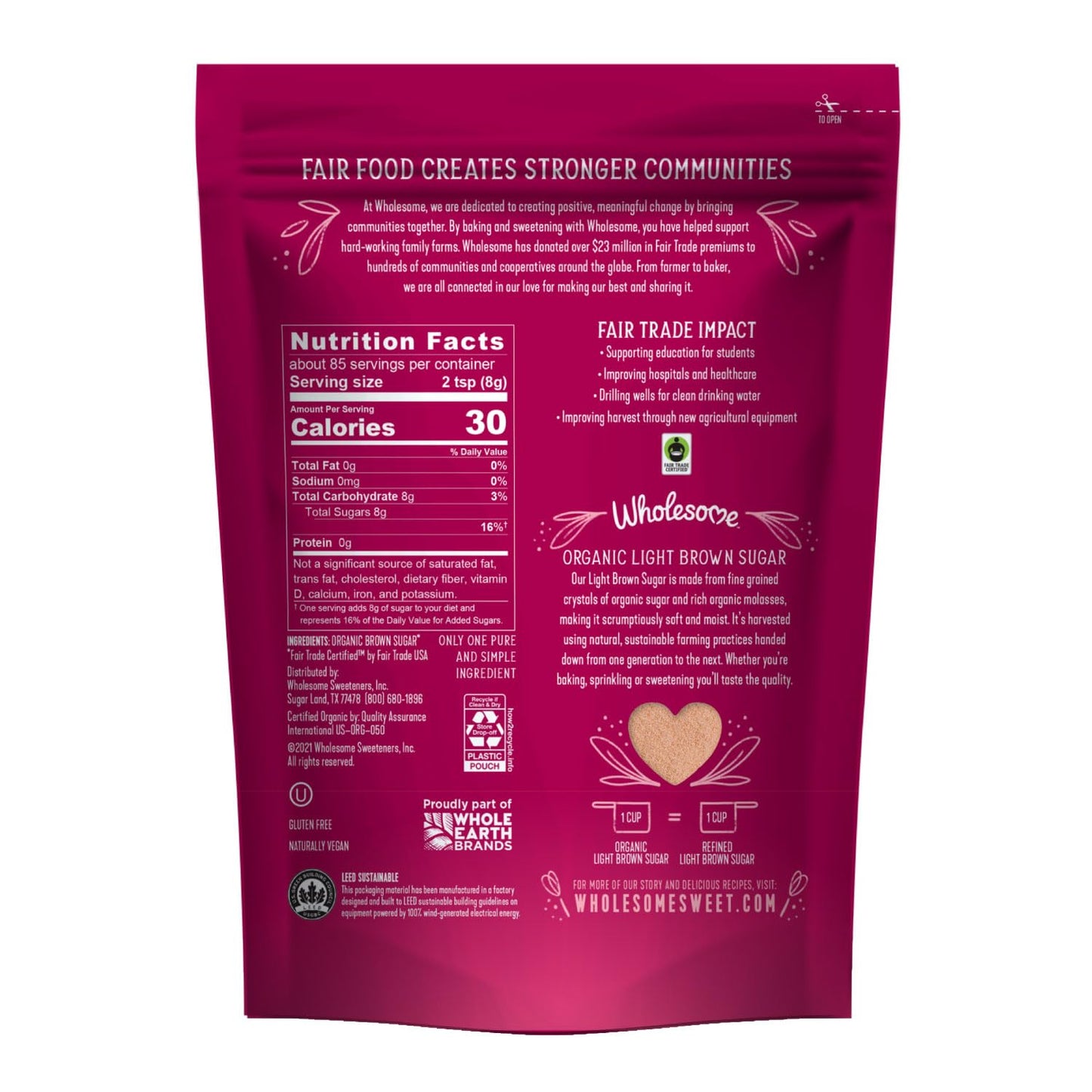 Wholesome Sweeteners 24-Ounce Organic Light Brown Sugar, Fair Trade, Non GMO, Gluten Free & Vegan, Sugar for Baking and Glazing, 1 Pack