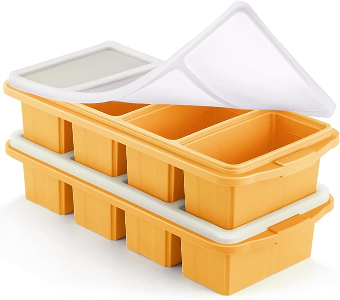 Ztomine Silicone Freezer Tray With Lid - Silicone Freezer Food Molds- Large Ice Cube Tray,Silicone Freezer Container,Freeze & Store Soup, Sauce, Broth,Leftovers - Makes 4 Perfect 1 Cup