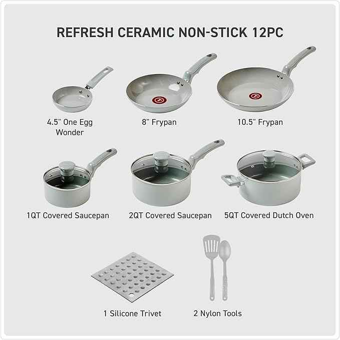T-Fal Refresh Ceramic Nonstick Cookware Set, 12-Piece Ceramic Pots and Pans Set, Includes Stockpot, Griddle, Frying Pans, Utensils, Moon Grey