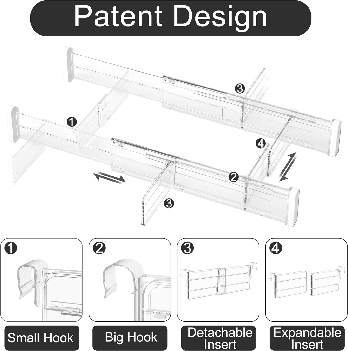 HiYZ Expandable Drawer Dividers with Inserts - 2.36'' High Adjustable Drawer Organizers Separators for Kitchen, Bedroom, Dresser, Office, 8 Long Dividers(12.6-22.8'') with 16 Inserts(3.9-7.1'')-Clear