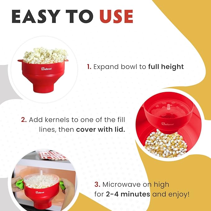 The Original Salbree Collapsible Silicone Microwave Popcorn Popper Maker Machine, Microwavable Bowl Holds 16 Cups, Uses Hot Air and Oil Always Optional - The Most Colors Available (Orange)