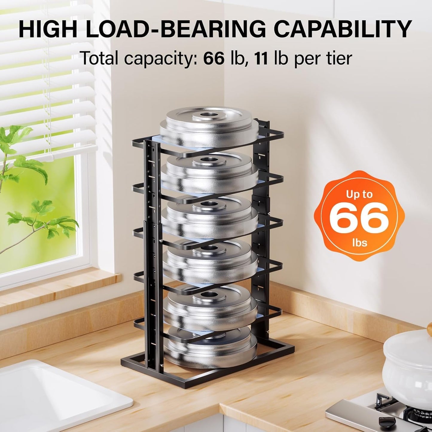 LAMU Pots and Pans Organizer for under Cabinet, 6-Tier Heavy Duty Pan Pot Organizers inside Cabinet Adjustable 14 to 23.39", Pot Rack Kitchen Cabinet Organization and Storage Holds up to 12" Cookware
