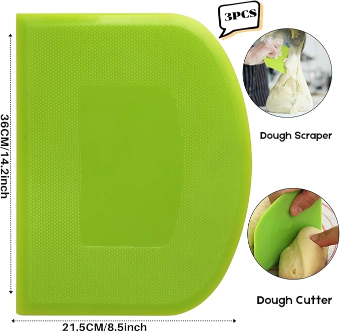 SURDOCA Dough Scraper Bench Scraper - 3P 14.2x8.5" Plastic Flexible Bowl Scraper, Sharp Edge & Angles Cake Scraper. Non-Slip Bakeware Decorating Tools Sculpting & Modeling Tools - Green+Blue+White