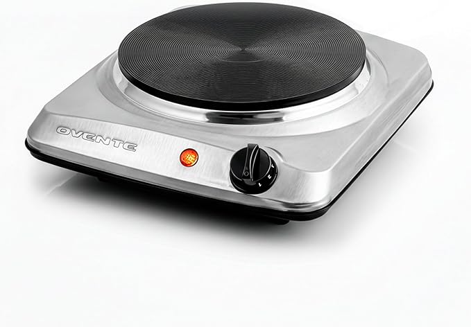 OVENTE Electric Countertop Single Burner, 1000W Cooktop with 7.25 Inch Cast Iron Hot Plate, 5 Level Temperature Control, Compact Cooking Stove and Easy to Clean Stainless Steel Base, Silver BGS101S
