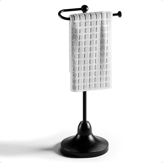 Hand Towel Holder for Bathroom Countertop - 17 Inch Tall Black Free-Standing Hand Towel Stand for Bathroom Counter - Non-Slip Base for Sink Top - Holds Full Size Handtowels, Fingertip, Washcloth