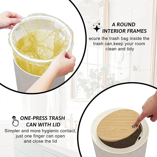Trash Can with Lid Beige Travertine Stone Texture Press Top Round Small Garbage Bin with Wooden Legs Waste Basket for Kitchen Bedroom Nursery 7L/1.8 Gallon