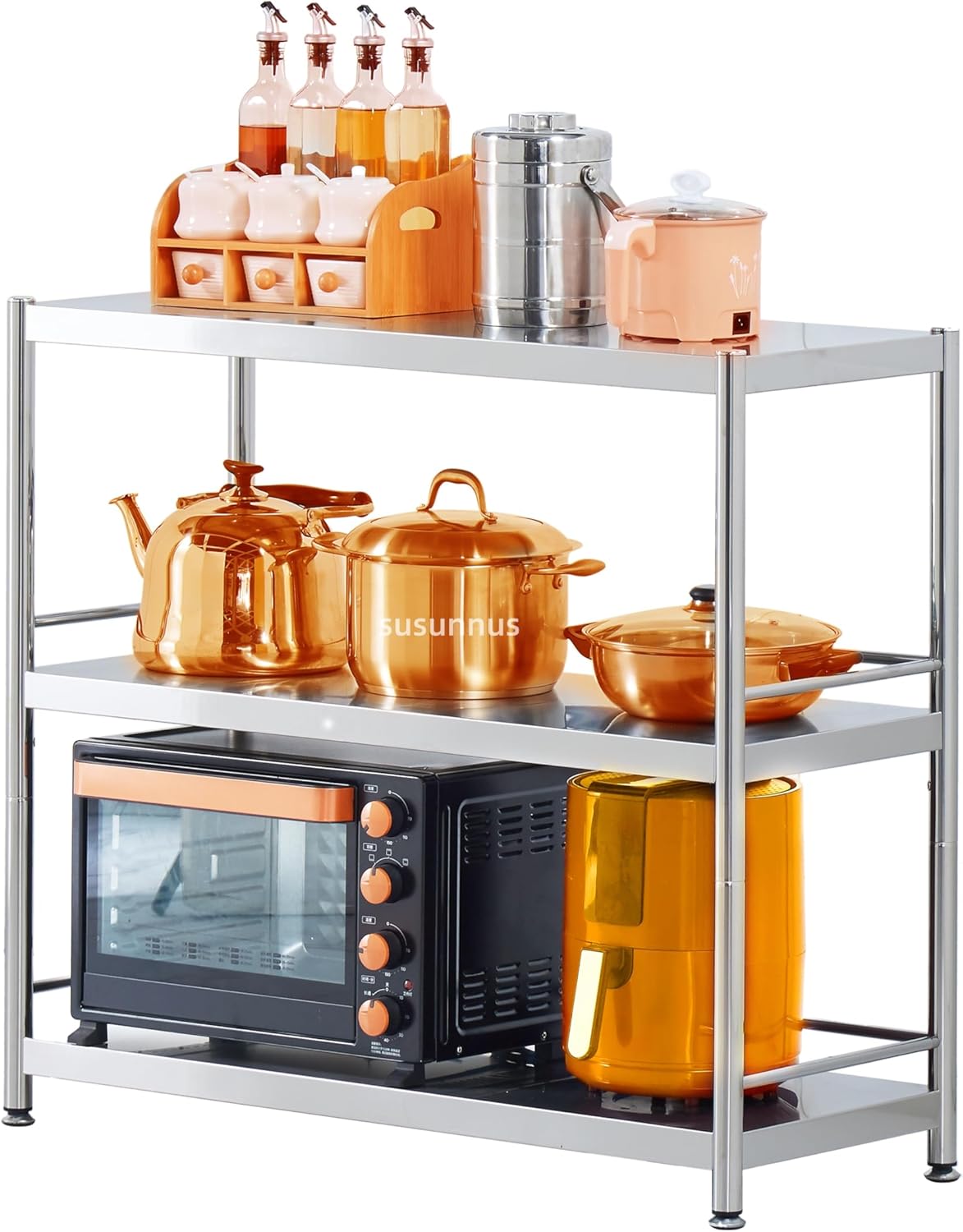 susunnus Stainless Steel Shelves 3 Tier Storage Shelves for Kitchen Garage Shelves Heavy Duty Shelving Metal Shelving Units and Storage Kitchen Industrial Storage Rack(with Guardrails)