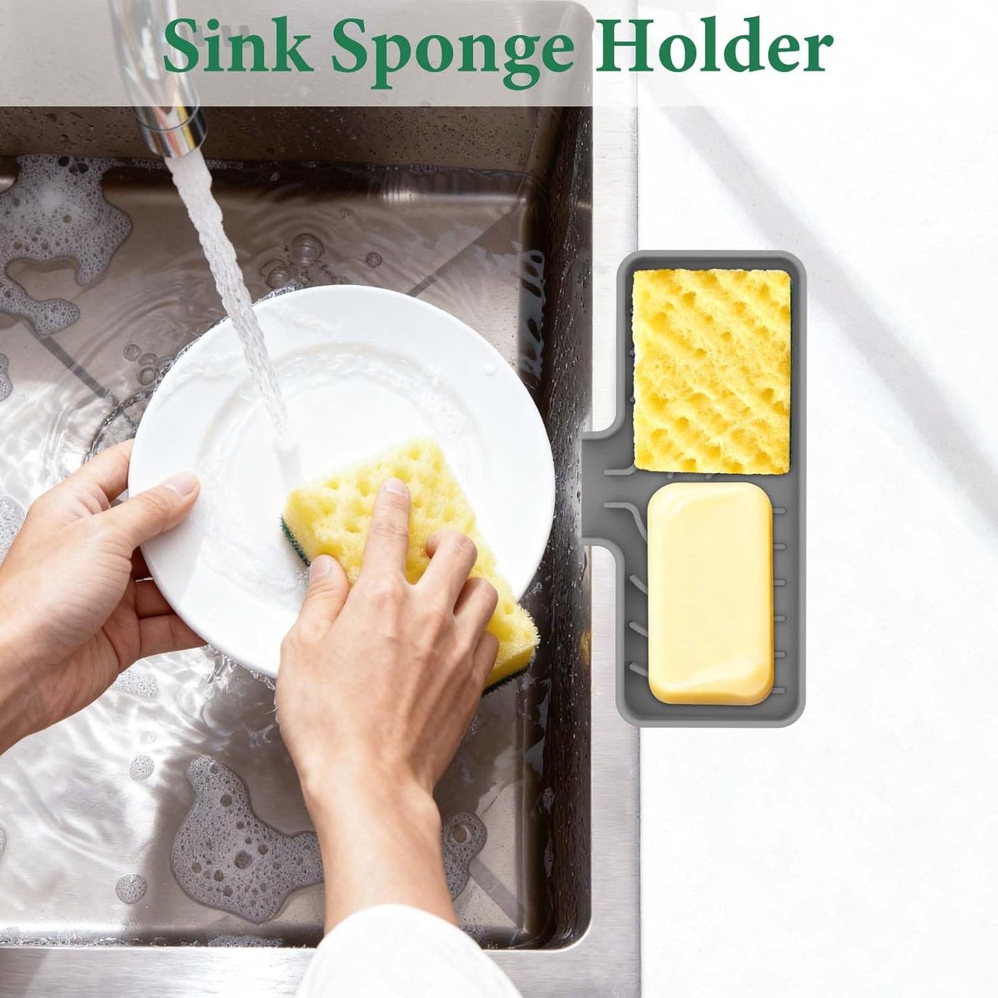 GUUKIN Silicone Sponge Holder, 9.8"×4.9" Sponge Holder for Kitchen Sink, Soap Tray with Drain, Dish Soap Mat for Shower Bathroom（Grey）