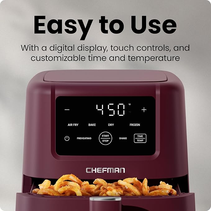 Chefman Air Fryer – 4-in-1 Slim 3.5 QT Airfryer, Air Fry, Bake, Dehydrate, Frozen, 450°F Max Temp for Extra Crispy Results in Minutes, Nonstick Ceramic Coating, Dishwasher-Safe Accessories - Red