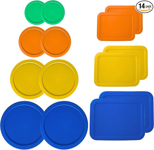 1, 2, 4 & 7 Cup Round & 3, 6, 11 Cup Rectangle Replacement Lids/Covers for Pyrex, Anchor Hocking & KlareWare Storage Bowls *Lids Only -Glass Container Not Included*, 14 Pack *2 of Each Size*