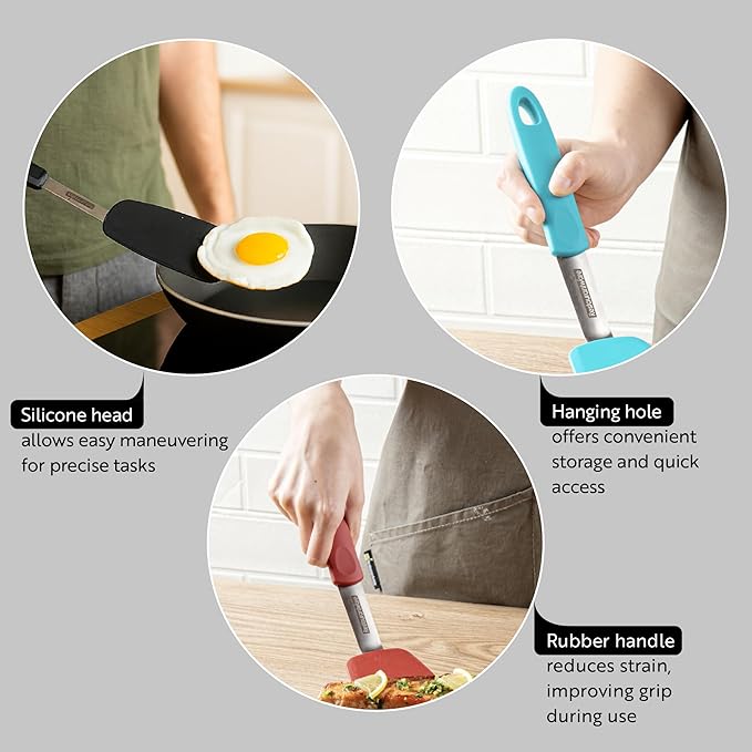 Comfy Grip 13.3 x 4 Inch Silicone Turner, 1 Durable Cooking Turner - Stainless Steel Body, Rubber Handle with Hole, Black Silicone Flipper Spatula, Tolerates up to 446F, Dishwashable - Restaurantware