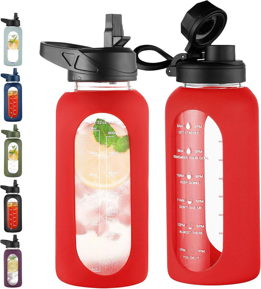 CIVAGO 32 oz Glass Water Bottle with Straw and Handle, Large Sports Motivational Water Bottle Flask with Time Marker and 2 Lids, Leakproof Water Jug Canteen with Silicone Sleeve for Gym,Red