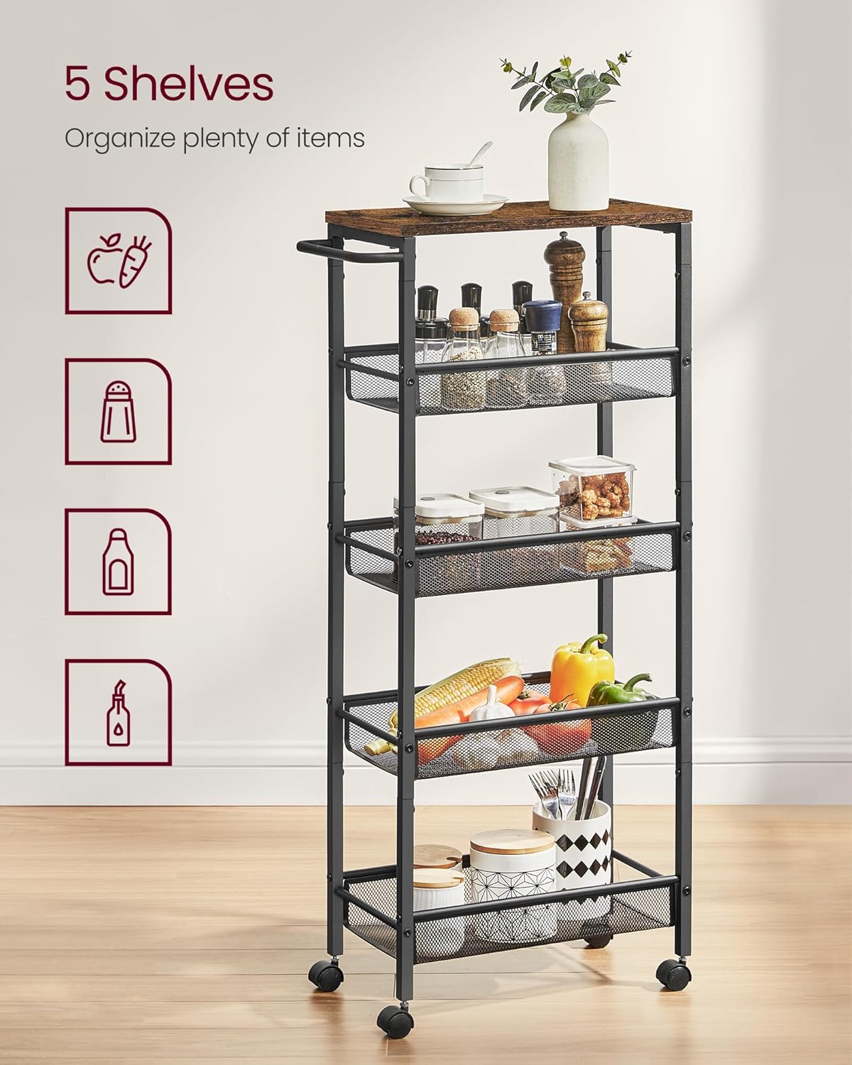 VASAGLE Slim Rolling Cart, 5-Tier Storage Cart, Narrow Cart with Handle, 8.7 Inches Deep, Metal Frame, for Kitchen, Dining Room, Living Room, Home Office, Rustic Brown and Classic Black ULRC035B01