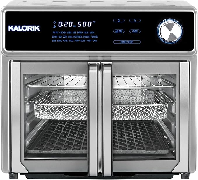 Kalorik Air Fryer Oven Grill MAXX Series 26-Quart with Smokeless Sear Technology Digital Controls Easy-View Door and 22 Smart Cooking Presets, Includes Cooking Accessories, 1700-Watts, Stainless Steel