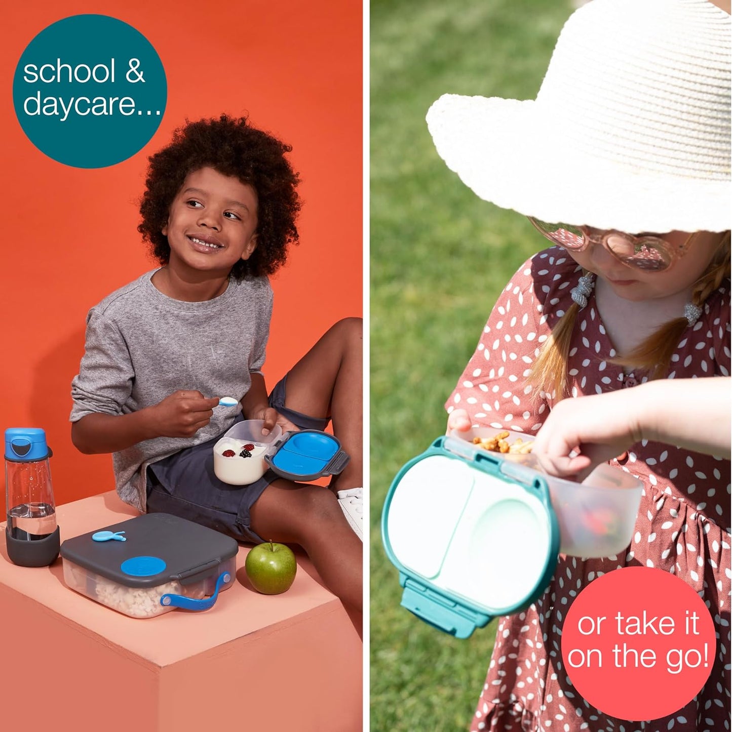 b.box Snack Box Reusable Snack Containers with Lids 2 compartments, Bento Box for kids and toddlers, Leakproof Lunch Box, BPA free and Dishwasher Safe Snack Container (Blush Crush, 1 3/4 Cup)