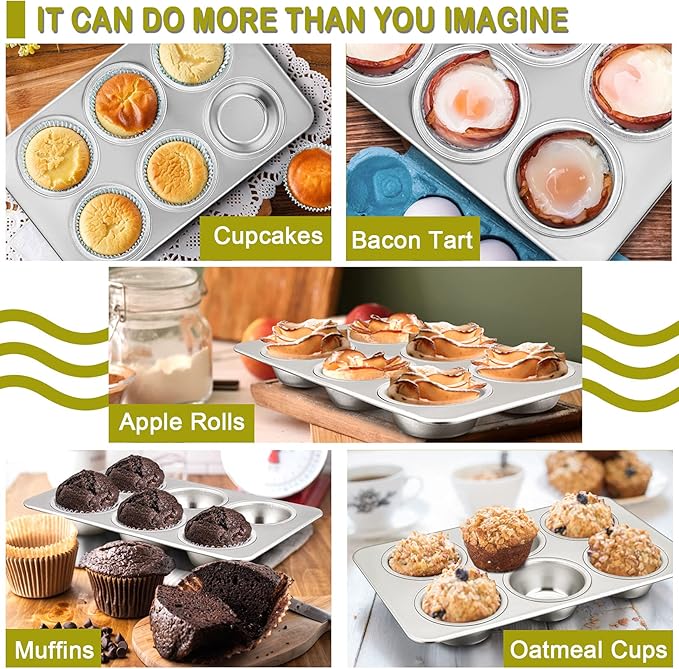 P&P CHEF Muffin Pan Cupcake Baking Pan Set, Stainless Steel Muffin Tin Tray for Mini Cake Tart Quiche, Oven & Dishwasher Safe, Non-toxic & Heavy-duty, (6 Cup, 2Pcs)