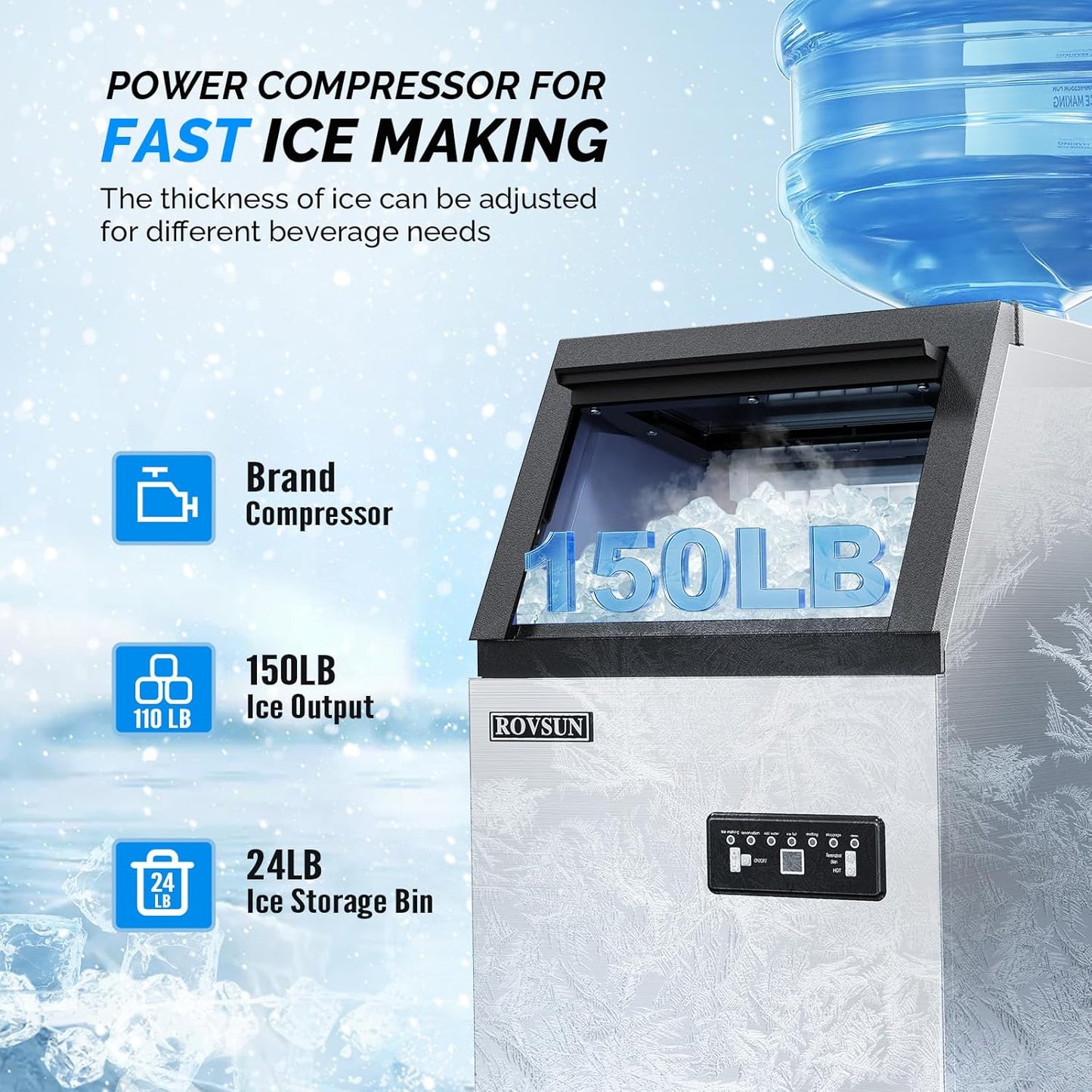 ROVSUN Stainless Steel Commercial Ice Maker Machine, Make 150lbs/24h, 24lbs Storage,Under Counter/Freestanding Automatic Ice Machine for Home Restaurant Bar Cafe