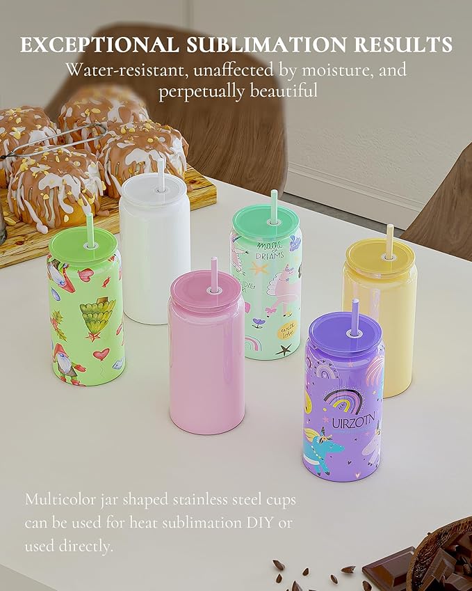 Glass Cups with Lids and Straws, 16oz Stainless Steels Cups, Beer Cups, Iced Coffee Cup, Smoothie Cup, Sublimation Tumbler, Cyan (Smooth Polished Finish, Sublimatable)