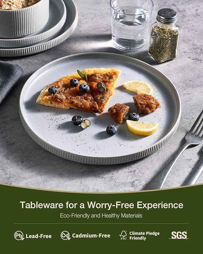 Famiware Star Dinnerware Set, Plates and Bowls Sets for 8 (24pcs), Ribbed Stoneware Dishes - Chip & Scratch Resistant, Microwave & Dishwasher Safe, Matte Gray