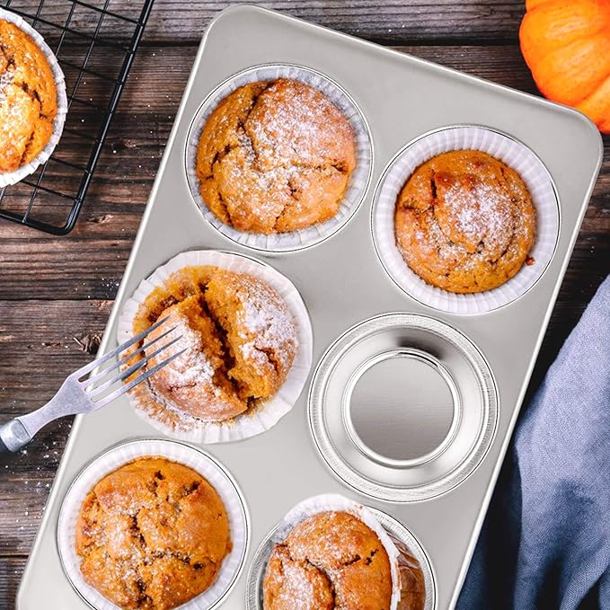 E-far Muffin Pan Set of 2, Stainless Steel Muffin Pan Tin for Baking, 6-Cup Metal Cupcake Pan Tray, Non-toxic & Healthy, Oven & Dishwasher Safe, Regular Size - 11.44 x 7.12 x 1.25 Inch