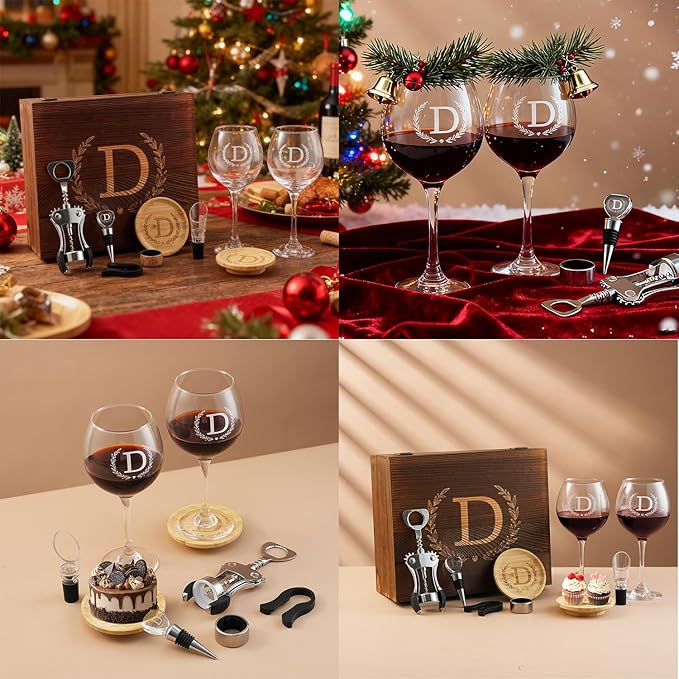 GZLDGIFTS Personalized Initial Wine Glasses Box Gift Set For Women Mom Engraved Birthday Monogrammed Wooden Christmas Gifts Wedding Anniversary Wine Couples Stopper Opener Initial Letterr (N Set)