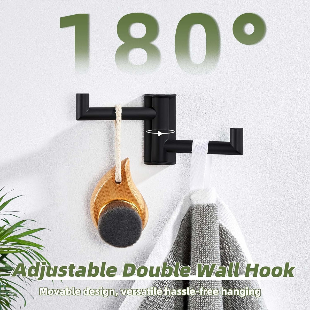 APLusee Swivel Towel Hook 2 Arms Matte Black, 304 Stainless Steel Bathroom Double Towel Holder, Folding Robe Hook Wall Mounted