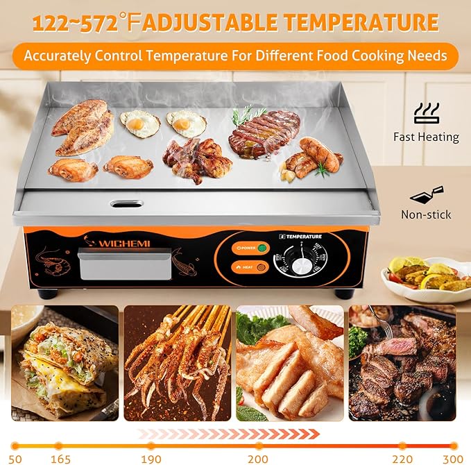 WICHEMI 22" Electric Grill Commercial Countertop Griddle Flat Top Grill Hot Plate Non-Stick Stainless Steel Teppanyaki Grill for Restaurant Kitchen, 110V 3000W