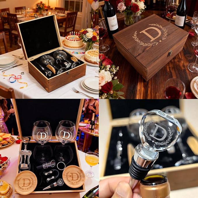 GZLDGIFTS Personalized Initial Wine Glasses Box Gift Set For Women Mom Engraved Birthday Monogrammed Wooden Christmas Gifts Wedding Anniversary Wine Couples Stopper Opener Initial Letterr (N Set)
