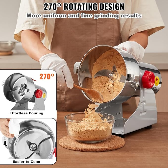 VEVOR 1000g Electric Grain Mill Grinder, High Speed 3000W Commercial Spice Grinders, Stainless Steel Pulverizer Powder Machine, for Dry Grains Spices Cereals Coffee Corn Pepper, Swing Type