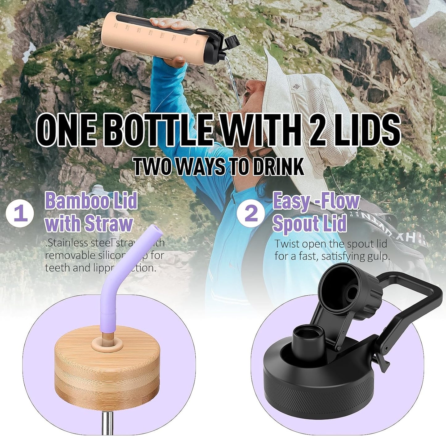 32oz Glass Water Bottle with Straw and 2 Lids- Bamboo Straw and Spout Lid with Phone Holder for Gym, Glass Drinking Bottles with Silicone Sleeve and Motivational Time Marker, Purple