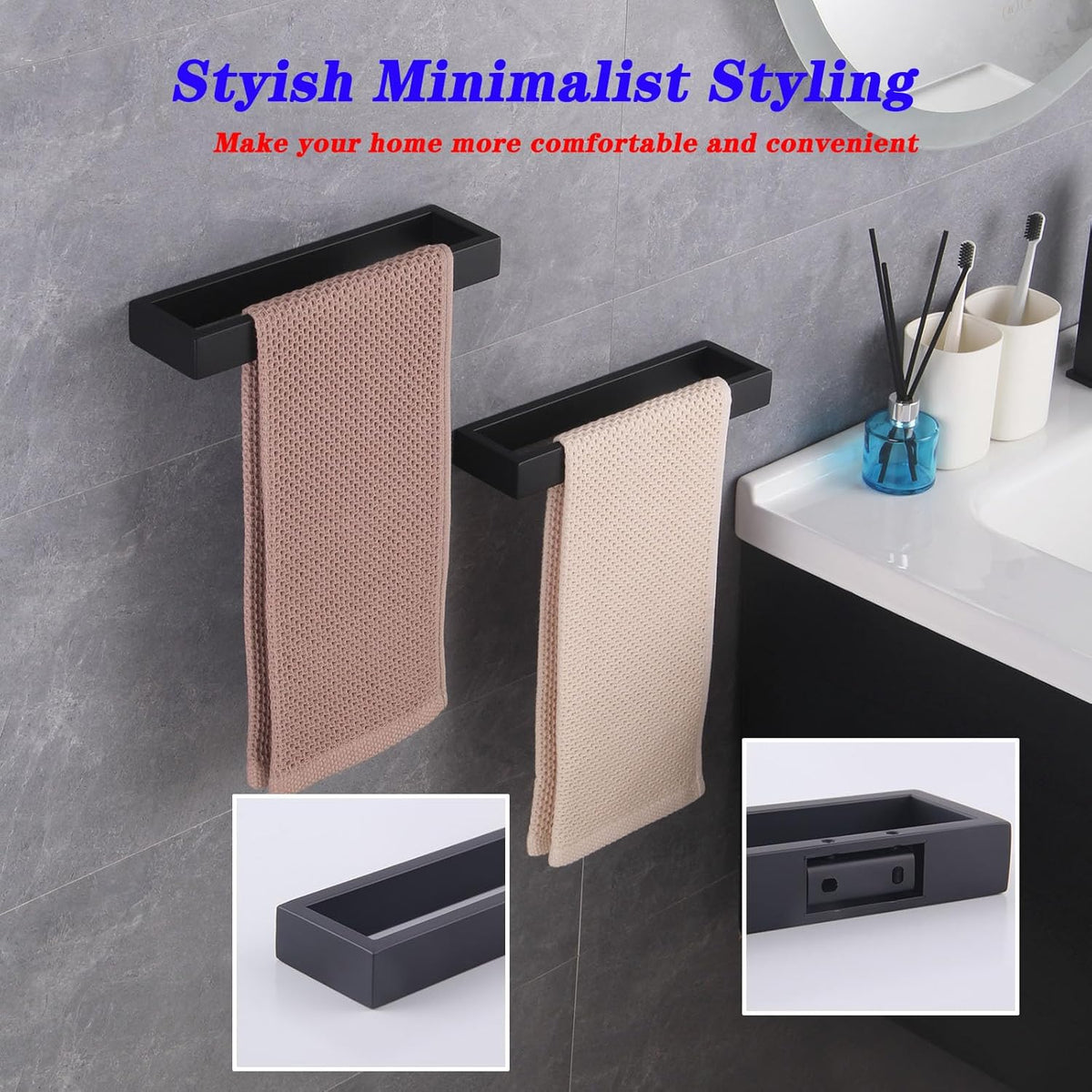 GERZWY Modern Black Towel Holder Stainless Steel Towel Ring for Bathroom Lavatory Wall Mount Contemporary Style 2 Pack HG1716-2BK