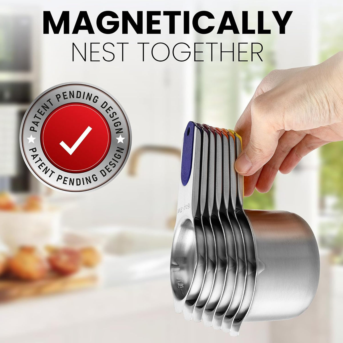 Spring Chef Magnetic Stainless Steel Measuring Cups, Patented, Kitchen Tools with Easy to Read Markings for Measuring Dry or Liquid Ingredients, Set of 7, Mountain Sunrise