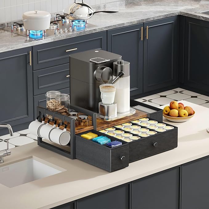 Homeiju Coffee Pod Drawers - K Cup Organizer, Nespresso Pods Holder with Mug Rack, Coffee Holder for Countertop, 52 Capacity Pods, Suitable for Kitchens, Offices and Coffee Bars(Brown)