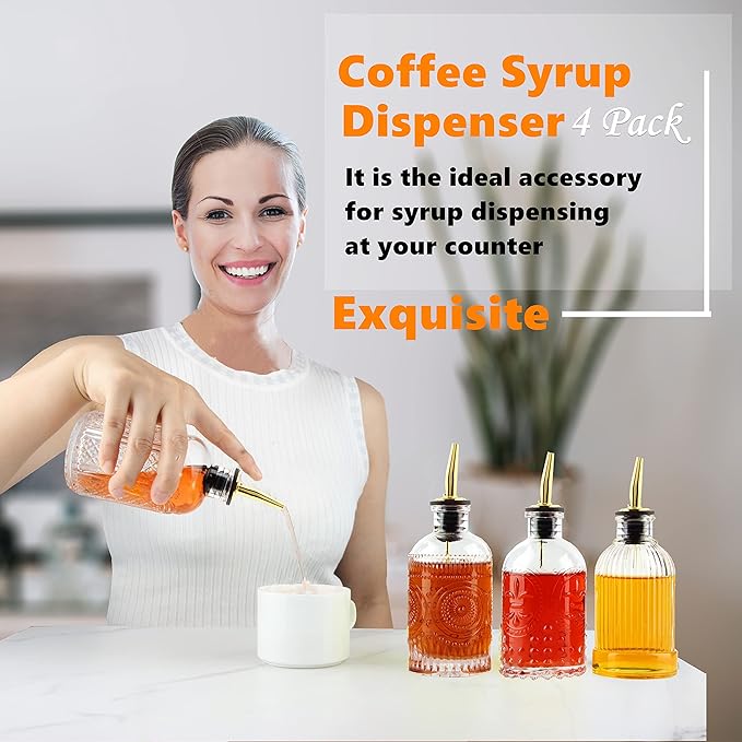 Shining Craft Syrup Dispenser Bottles Set, 4 Pack 7 OZ Bottles With Metal Pour Spout and Labels for Syrups, SC055 (4 Pack)