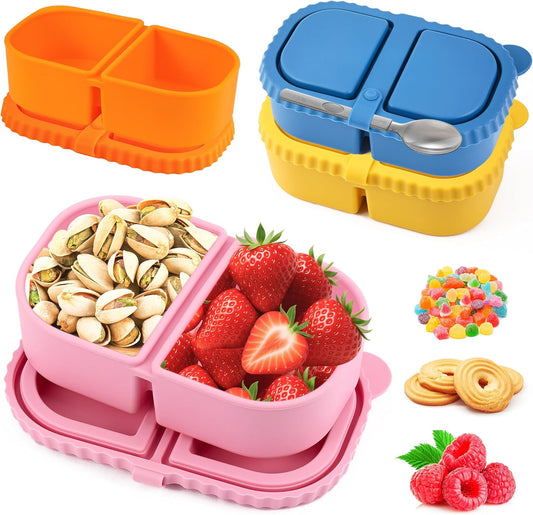 2/3/4Pack 8 oz Reusable Silicone Snack Containers with Lids, Mini Containers 2 Compartments Snackle Box for Kids & Adults, Portable Silicone Food Storage Box for Picnic, School, Office (8oz-2C-4Pcs)
