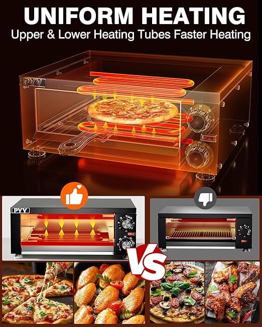 PYY Electric Pizza Oven Indoor Countertop Pizza Oven Commercial Pizza Maker Machine for Home with Timer Stainless Steel Pizza Cooker,Dark Black