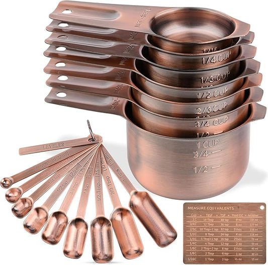 Copper Measuring Cups and Spoons Set, Stainless Steel Measuring Cups and Spoons Set, Metric & US 7 Measure Cup & 9 Long MeasureSpoon,1Leveler & 1Measure Equivalents for Kitchen & Baking