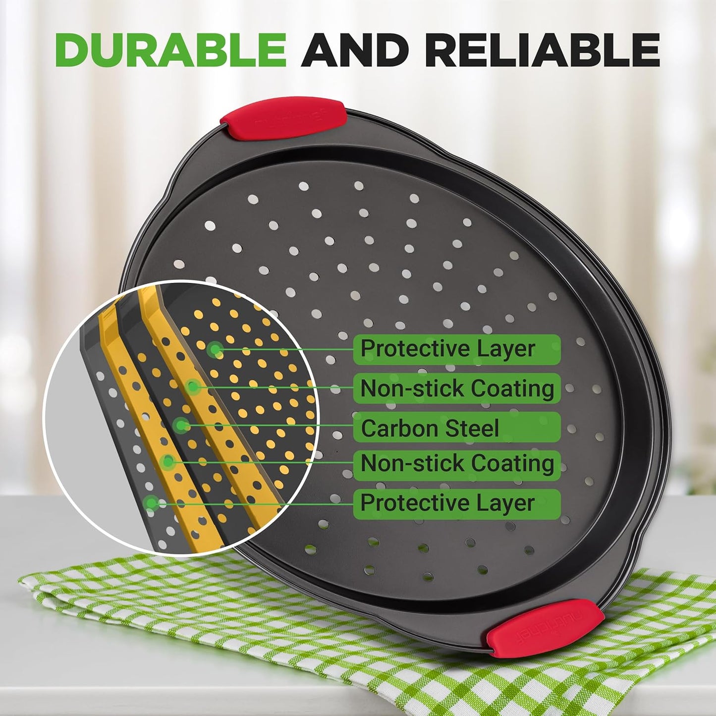 NutriChef 2-Piece 13-Inch Nonstick Pizza Tray, Round Carbon Steel Non-Stick Pizza Baking Pan with Perforated Holes, Premium Bakeware Pizza Screen with Silicone Grip Handles, Dishwasher Safe, NCBPIZX2